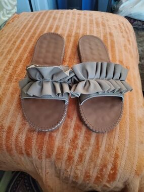 Ruffle Slide Sandals for Women in Taupe